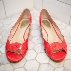 Orange patentent leather look wedge toe peep - peach/orange